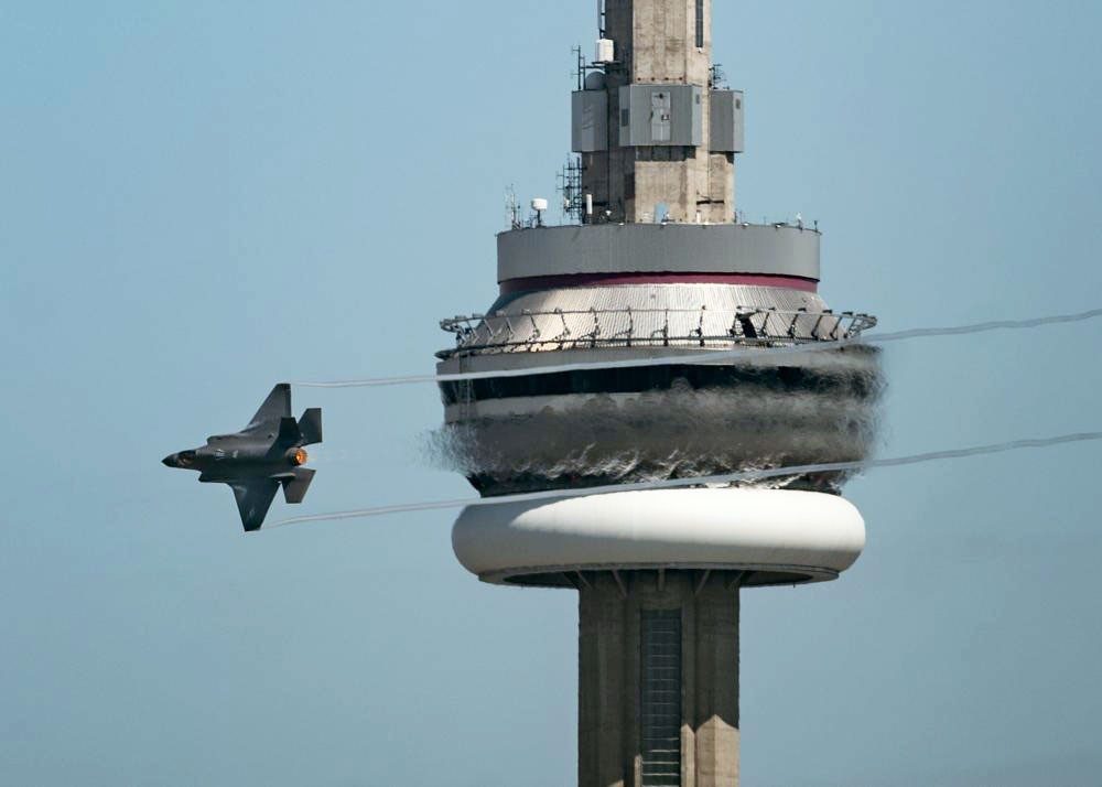 Close up of the F35A flying in front of the CN tower