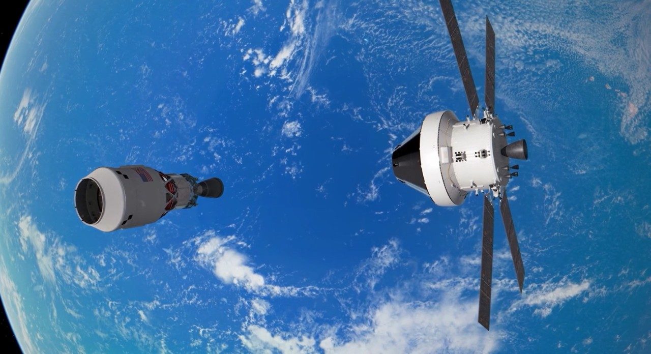 Artist interpretation of NASA's Orion rehearsing docking maneuvers during the Artemis II mission.